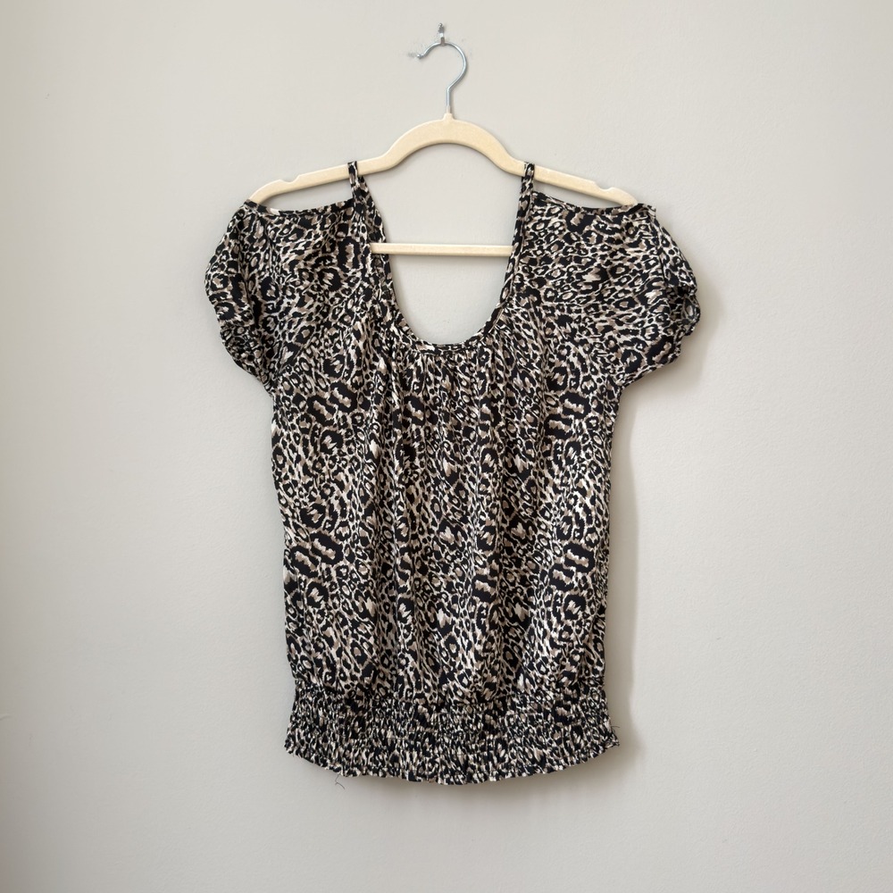 Y2K Leopard Print Wet Seal Satin Smocked Blouse Eclectic Size M
